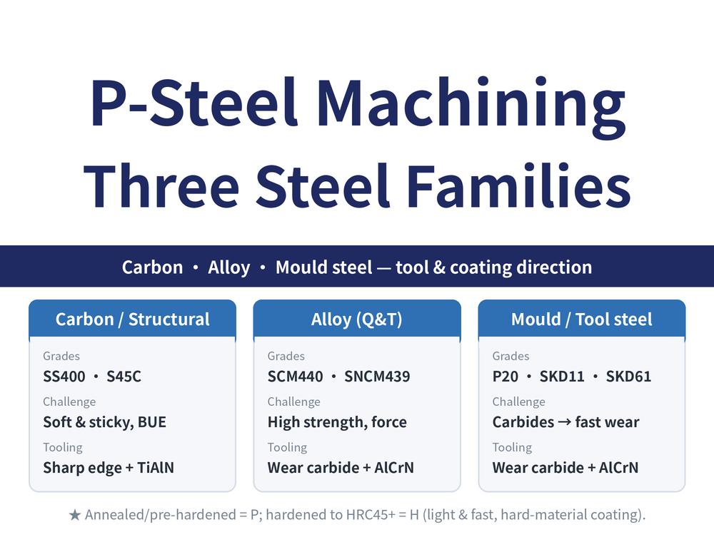 Group P three steel families and tool direction: carbon/structural (SS400, S45C), alloy Q&T (SCM440, SNCM439), mould/tool steel (P20, SKD11, SKD61)
