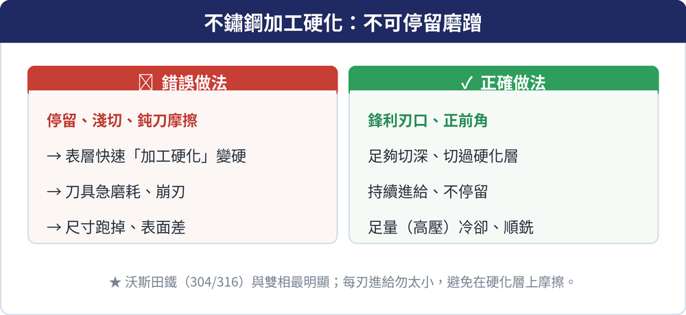 不鏽鋼加工硬化要點:錯誤做法(停留、淺切、鈍刀摩擦→表層加工硬化→刀具磨耗崩刃)vs 正確做法(鋒利刃、足夠切深切過硬化層、持續進給、足量冷卻、順銑)