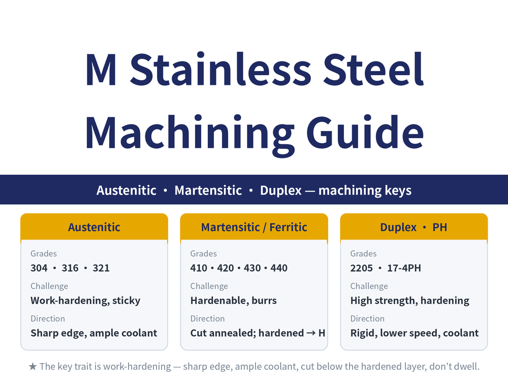 M-group stainless three families and tool direction: austenitic (304, 316), martensitic/ferritic (410, 420, 430, 440), duplex & precipitation-hardening (2205, 17-4PH)