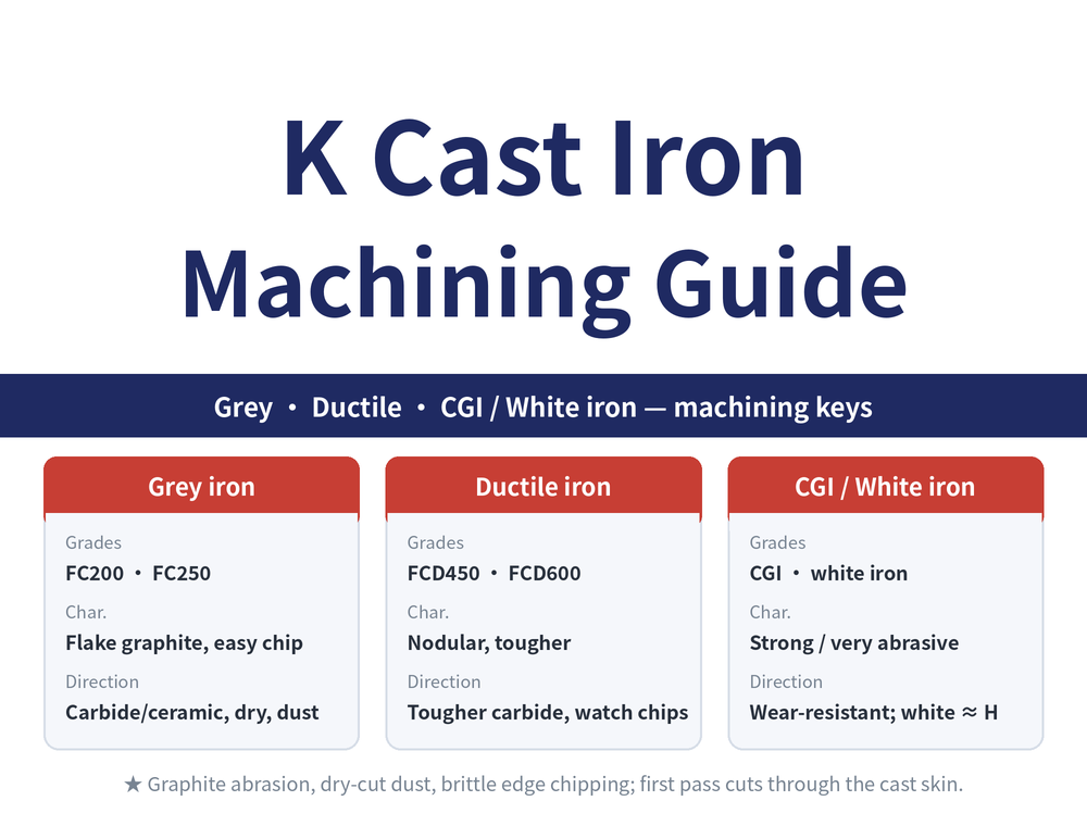K-group cast iron machining: grey iron (FC200, FC250), ductile iron (FCD450, FCD600), CGI/white iron — characteristics and tool direction