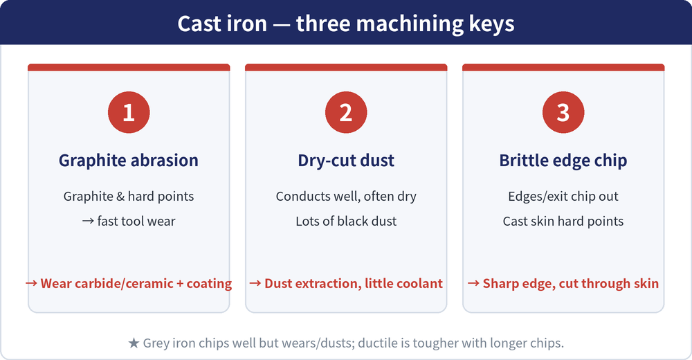 Three machining keys for cast iron: 1 graphite abrasion (wear carbide/ceramic + coating), 2 dry-cut dust (dust extraction, little coolant), 3 brittle edge chipping (sharp edge, control exit, cut through the cast skin)