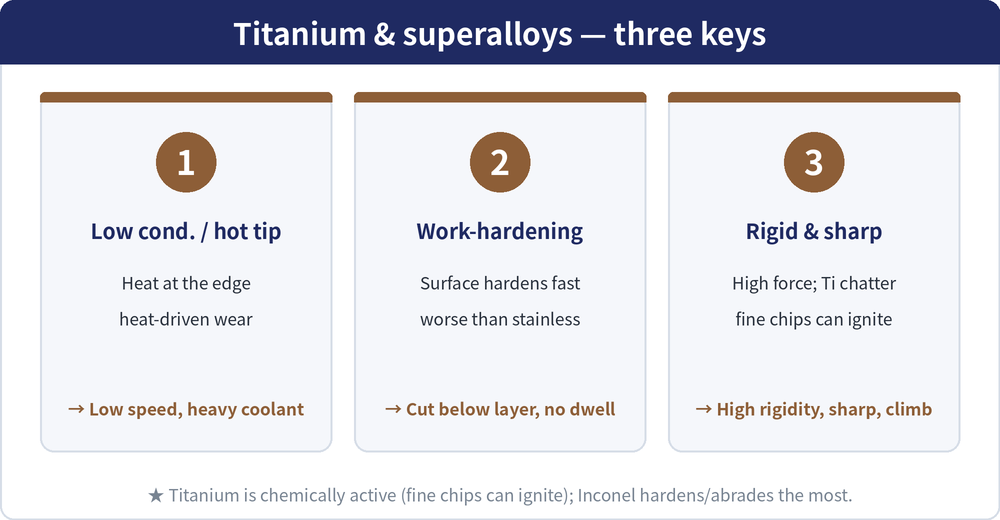 Three keys: 1 low conductivity/hot tip (low speed, heavy HP coolant), 2 work-hardening (cut below the layer, no dwell), 3 rigidity & sharp edge (high rigidity, sharp edge, climb milling; titanium fine chips can ignite)