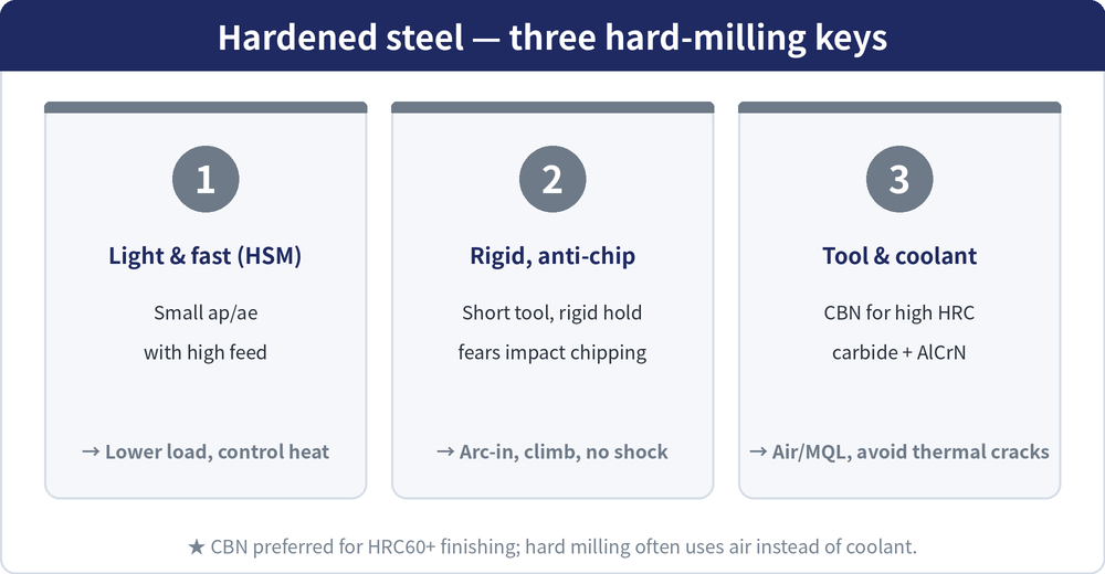 Three hard-milling keys: 1 light & fast HSM (small ap/ae + high feed &rarr; lower load, control heat), 2 rigidity & anti-chipping (short tool, rigid hold, arc-in, climb, no shock), 3 tool & coolant (CBN for high HRC, carbide+AlCrN, air/MQL to avoid thermal cracks)