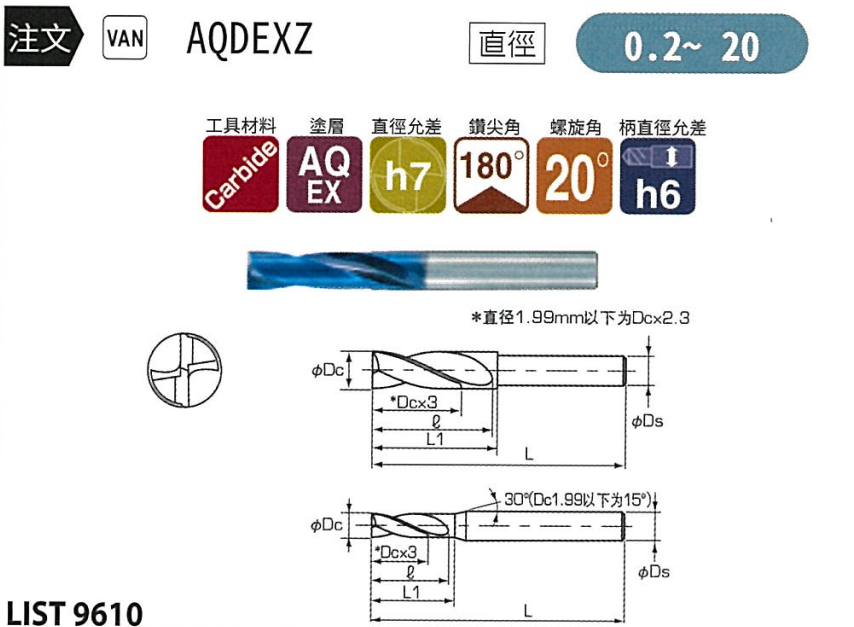 原廠規格圖:工具材料 Carbide(鎢鋼)、AQEX 塗層、直徑允許差 h7、鑽尖角 180°、螺旋角 20°、柄徑允許差 h6,並標示尺寸 直徑Dc/槽長ℓ/鑽頸L1/全長L/柄徑Ds(直徑1.99mm 以下為 Dcx2.3、鑽尖角 Dc1.99 以下為 15°)