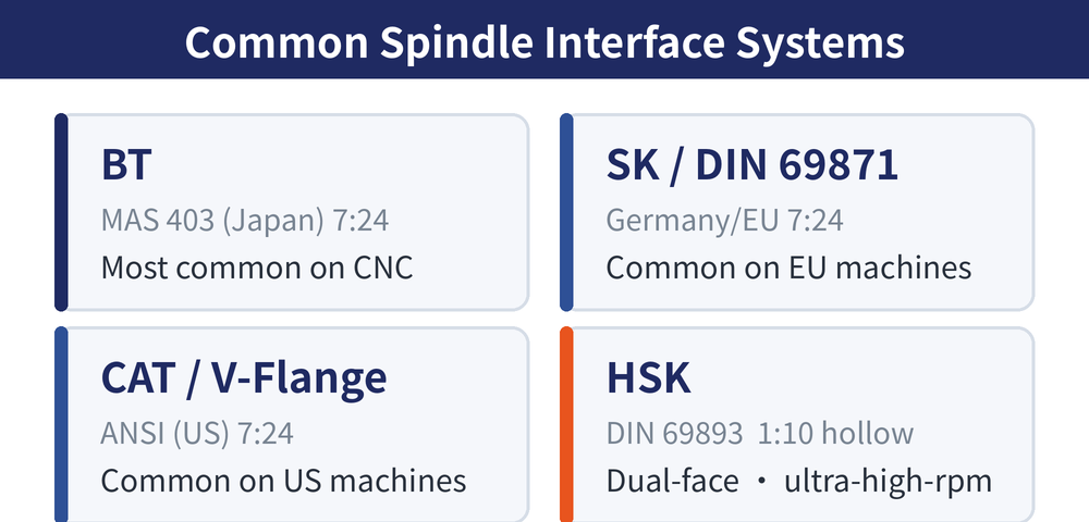 Overview of common spindle interface systems: BT, SK/DIN, CAT, HSK