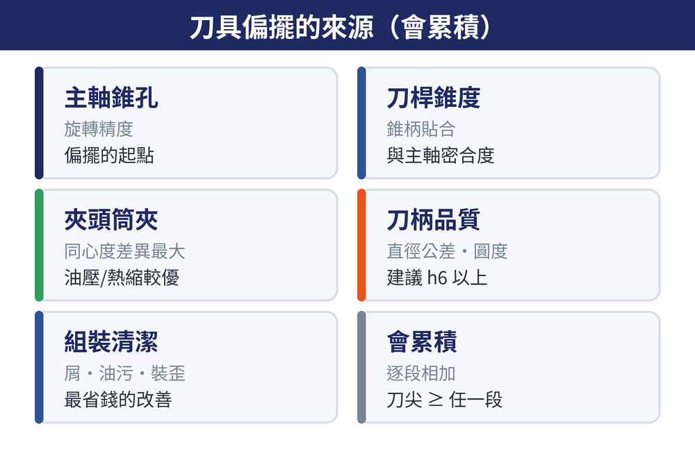 刀具偏擺的五個來源：主軸錐孔、刀桿錐度、夾頭筒夾、刀柄、組裝清潔，會逐段累積