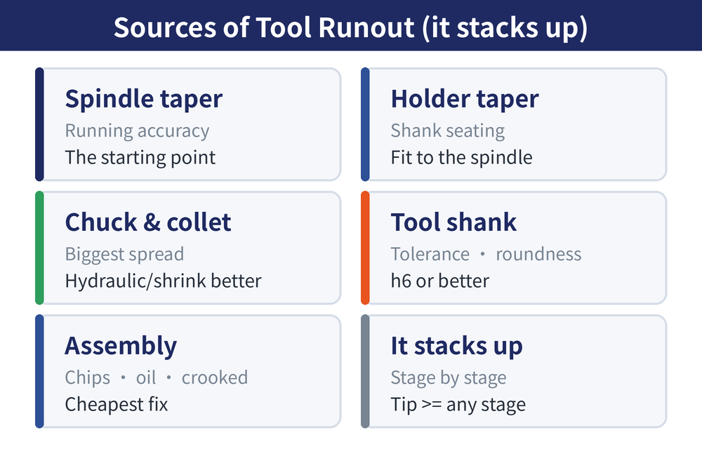 Five sources of tool runout: spindle taper, holder taper, chuck/collet, tool shank, assembly cleanliness — they stack up
