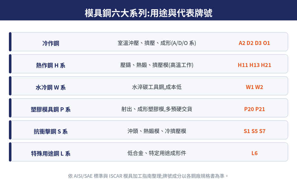 模具鋼六大系列總覽:冷作鋼、熱作鋼、水冷鋼、塑膠模具鋼、抗衝擊鋼、特殊用途鋼的代表牌號與用途