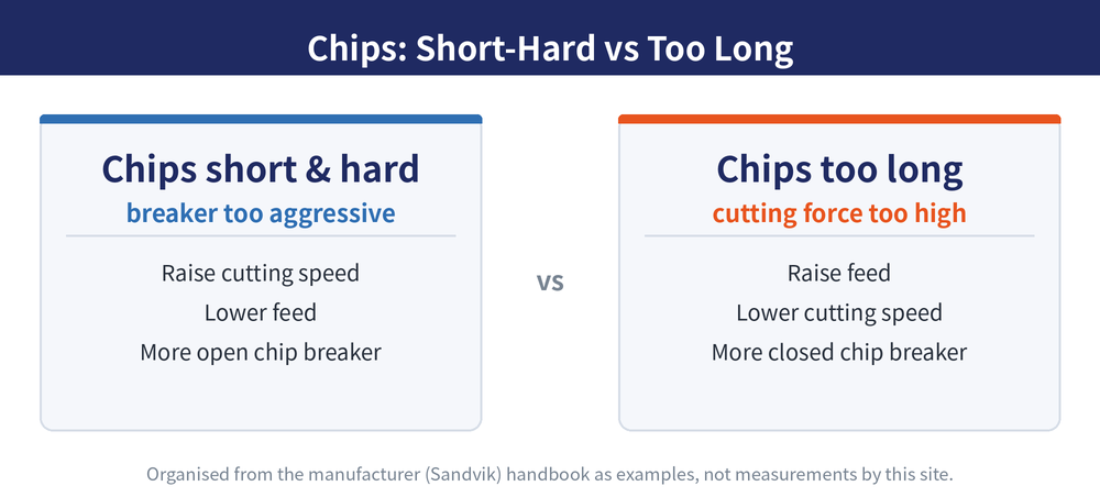Chip problem countermeasures: chips too short and hard need higher speed, lower feed and a more open breaker; chips too long need higher feed, lower speed and a more closed breaker