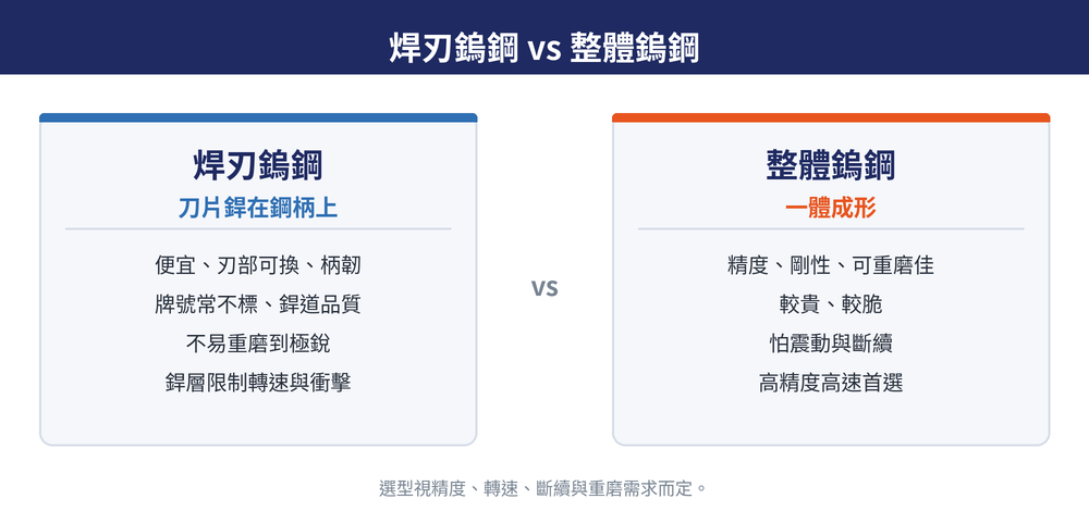 焊刃鎢鋼與整體鎢鋼對照:焊刃便宜、柄韌、刃部可換但受銲道限制;整體精度剛性佳、可重磨但較貴較脆