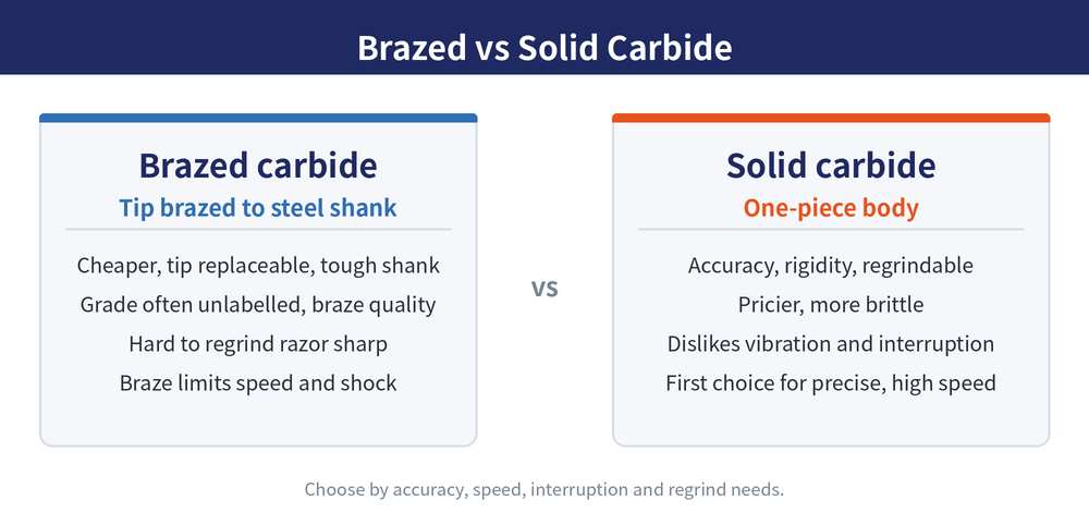 Brazed versus solid carbide compared: brazed is cheaper with a tough shank and replaceable tip but limited by the braze joint; solid has better accuracy, rigidity and regrindability but is pricier and more brittle