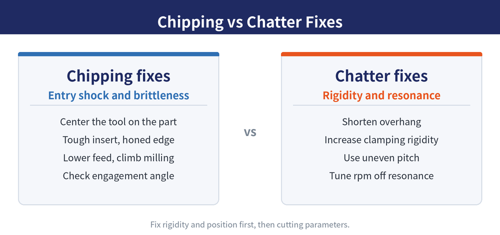 Chipping and chatter fixes: centring the cutter over the workpiece for a climb-milling layout, and shortening overhang to raise rigidity