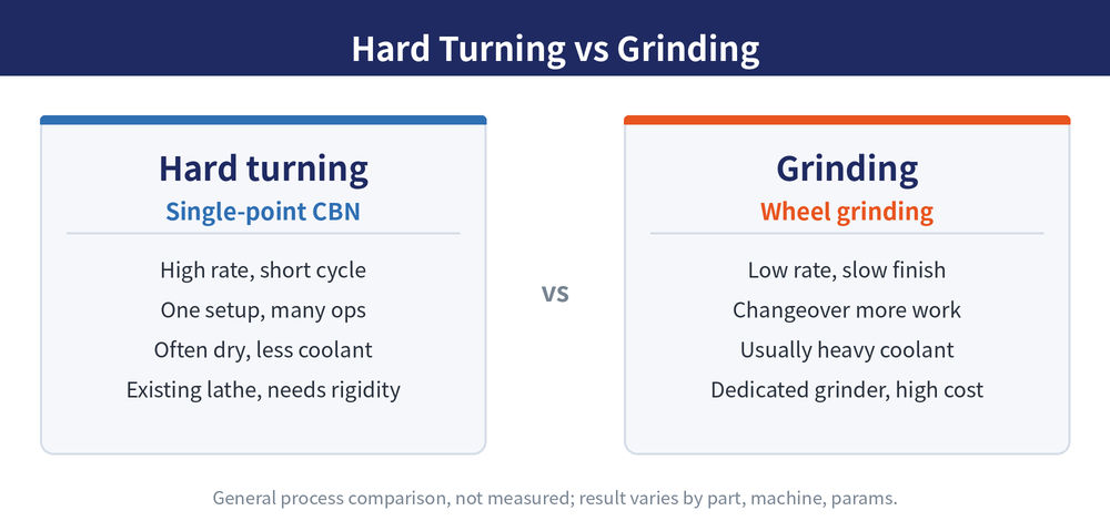 Hard turning compared with grinding: single-point CBN turning versus wheel grinding across efficiency, flexibility and equipment cost