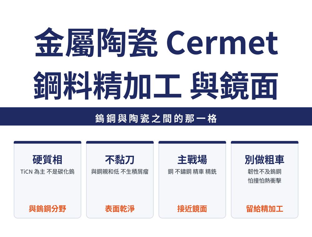 金屬陶瓷Cermet速覽卡:標題〈金屬陶瓷 Cermet:鋼料精加工 與鏡面〉,導線〈鎢鋼與陶瓷之間的那一格〉;四張卡依序為——硬質相(以TiCN為主,不是碳化鎢,與鎢鋼分野)、不黏刀(與鋼親和低,不生積屑瘤,表面乾淨)、主戰場(鋼與不鏽鋼的精車精銑,接近鏡面)、別做粗車(韌性不及鎢鋼,怕撞怕熱衝擊,留給精加工)