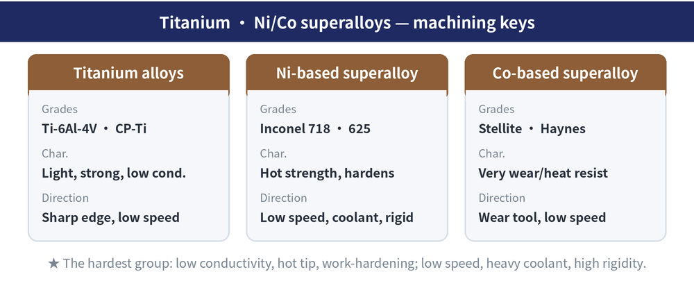 S-group material overview cards: titanium alloys Ti-6Al-4V and CP-Ti, light and strong with low conductivity, direction sharp edge and low speed; nickel-based superalloys Inconel 718 and 625, hot strength and work-hardening, direction low speed, coolant and rigidity; cobalt-based superalloys Stellite and Haynes, very wear- and heat-resistant, direction wear-resistant tool and low speed