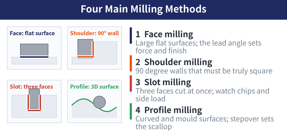 Four milling methods compared: face milling for large flat surfaces, shoulder milling for true 90 degree walls, slot milling where three faces are cut at once, and profile milling with a ball nose over curved surfaces.