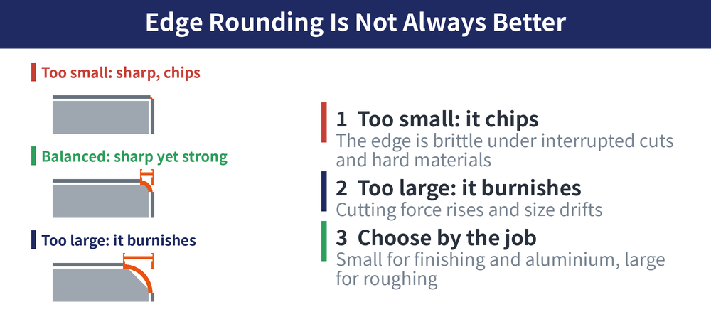 Edge rounding compared: too small and the edge is sharp but chips easily, balanced keeps both sharpness and strength, too large and cutting turns into burnishing.
