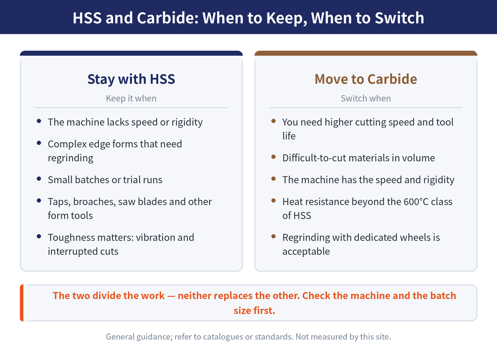 Decision diagram for dividing work between HSS and carbide; the left side lists the conditions for staying with high speed steel, namely a machine short of spindle speed or rigidity, complex edge forms that need regrinding, small batches or trial runs, and form tools such as taps, broaches and saw blades; the right side lists the conditions for moving to carbide, namely a target of higher cutting speed and tool life, production of difficult-to-cut materials, and a machine with enough speed and rigidity; the middle notes that the two divide the work and that carbide does not replace high speed steel across the board
