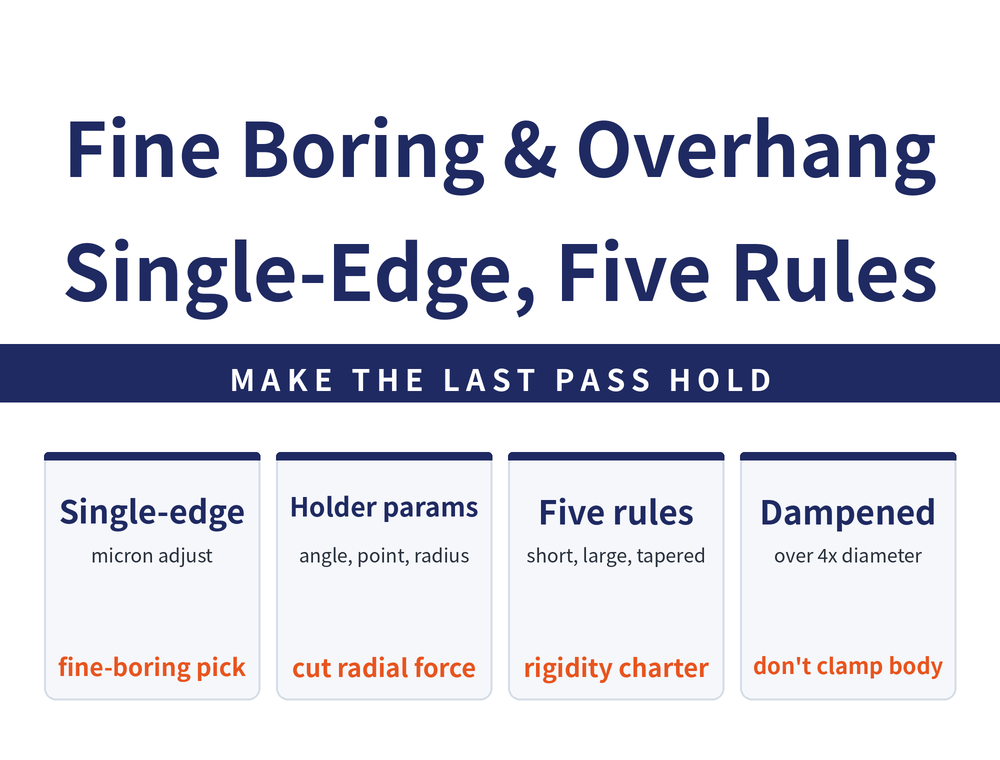 Quick-reference card on fine boring and tool overhang. Title: Fine Boring and Overhang - Single-Edge, Five Rules. Banner: Make the last pass hold. Four cards - Single-edge (micron adjustment; the pick for fine boring); Holder parameters (lead angle, point angle, nose radius; cuts radial force); Five rules (short, large, tapered adaptor; the rigidity checklist); Dampened tooling (beyond 4x bore diameter; do not clamp on the body).
