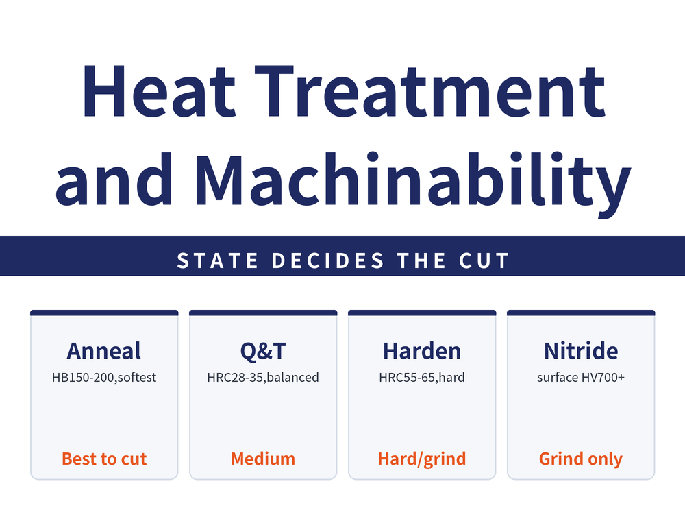 Quick-reference card on heat treatment and machinability. Title: Heat Treatment and Machinability. Banner: The state decides the cut. Four cards - Anneal (HB150-200, the softest; best to cut); Quench and temper (HRC28-35, balanced; medium); Harden (HRC55-65, hard; hard cutting or grinding); Nitride (surface above HV700; grinding only).