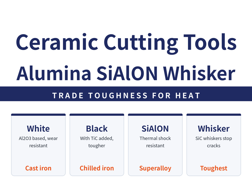 Quick-reference card on ceramic cutting tools. Title: Ceramic Cutting Tools - Alumina, SiAlON, Whisker. Banner: Trade toughness for heat. Four cards - White ceramic (alumina based, wear and oxidation resistant; cast iron finishing); Black ceramic (titanium carbide added, tougher with better heat conduction; chilled iron); SiAlON (good thermal shock resistance, stable at high temperature; nickel superalloy); Whisker reinforced (silicon carbide whiskers arrest cracks; the toughest of the ceramics).