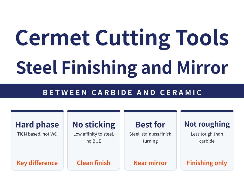 Quick-reference card on cermet cutting tools. Title: Cermet Cutting Tools - Steel Finishing and Mirror. Banner: The step between carbide and ceramic. Four cards - Hard phase (TiCN based, not tungsten carbide; the key difference); No sticking (low affinity to steel, no built-up edge; clean finish); Best for (finish turning and milling of steel and stainless; near mirror); Not for roughing (less tough than carbide, sensitive to impact and thermal shock; keep it for finishing).