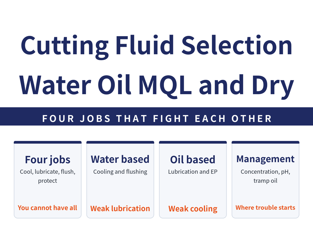 Quick-reference card on cutting fluid selection. Title: Cutting Fluid Selection - Water, Oil, MQL and Dry. Banner: Four jobs that fight each other. Four cards - Four jobs (cool, lubricate, flush, protect; you cannot have all of them); Water based (strong cooling and flushing; weak lubrication); Oil based (strong lubrication and extreme pressure; weak cooling and cleanliness); Management (concentration, pH, tramp oil; a more common failure than the choice itself).