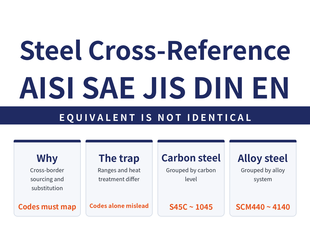 Quick-reference card on carbon and alloy steel cross-reference. Title: Steel Cross-Reference - AISI, SAE, JIS, DIN, EN. Banner: Equivalent is not identical. Four cards - Why (cross-border sourcing and substitution; codes must map); The trap (composition ranges and heat treatment rules differ; codes alone mislead); Carbon steel (grouped by carbon level; S45C and 1045 fall in the same class); Alloy steel (grouped by alloy system; SCM440 and 4140 fall in the same class).