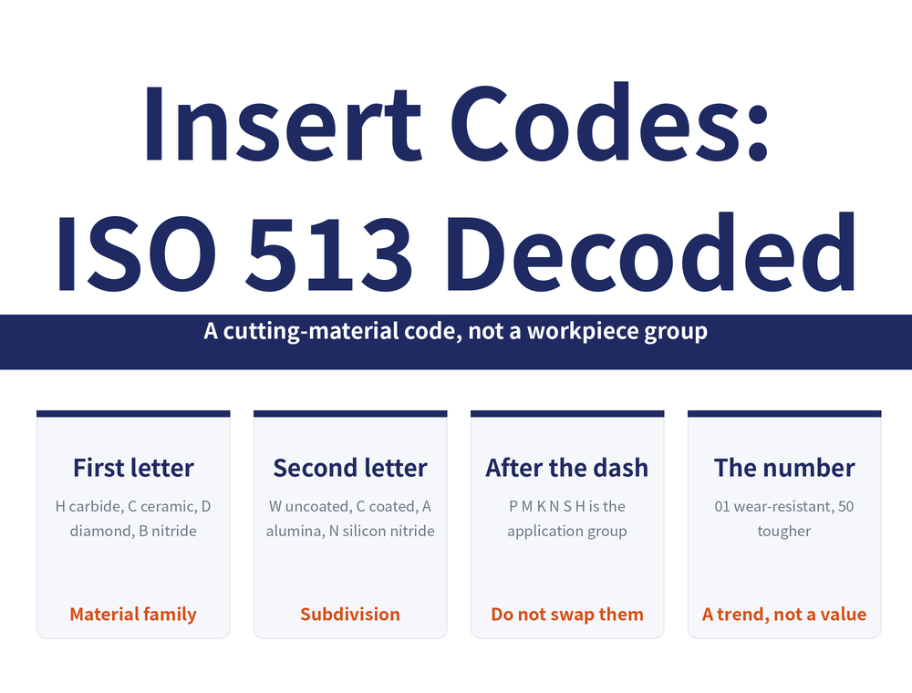 Quick-reference card on ISO 513 insert material codes. Title: Insert Codes: ISO 513 Decoded. Banner: A cutting-material code, not a workpiece group. Four cards - First letter: H carbide, C ceramic, D diamond, B nitride (material family); Second letter: W uncoated, C coated, A alumina, N silicon nitride (subdivision); After the dash: P M K N S H is the application group (do not swap them); The number: 01 wear-resistant, 50 tougher (a trend, not a value).
