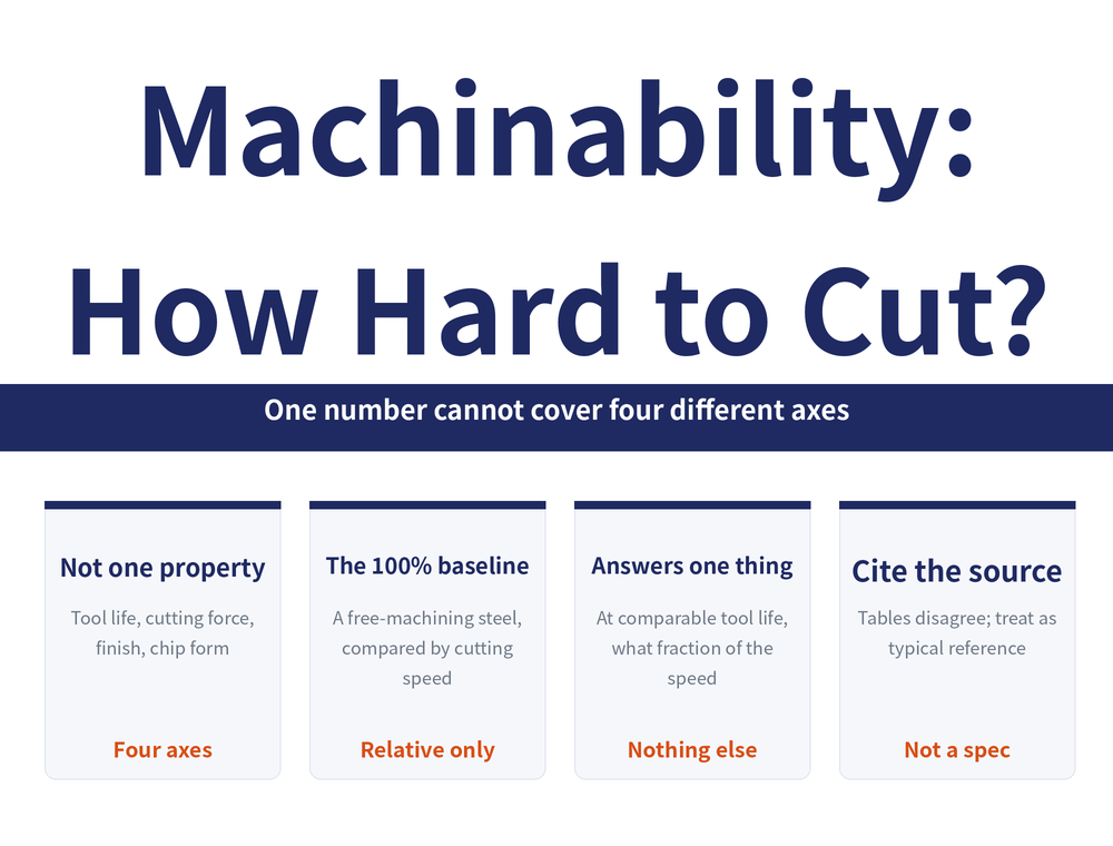 Quick-reference card on machinability ratings. Title: Machinability: How Hard to Cut?. Banner: One number cannot cover four different axes. Four cards - Not one property: Tool life, cutting force, finish, chip form (four axes); The 100% baseline: A free-machining steel, compared by cutting speed (relative only); Answers one thing: At comparable tool life, what fraction of the speed (nothing else); Cite the source: Tables disagree; treat as typical reference (not a spec).