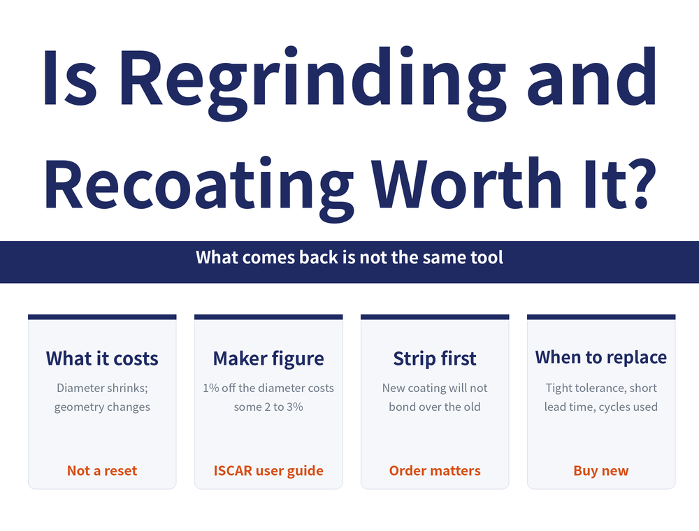 Quick-reference card on regrinding and recoating. Title: Is Regrinding and Recoating Worth It?. Banner: What comes back is not the same tool. Four cards - What it costs: Diameter shrinks; geometry changes (not a reset); Maker figure: 1% off the diameter costs some 2 to 3% (iscar user guide); Strip first: New coating will not bond over the old (order matters); When to replace: Tight tolerance, short lead time, cycles used (buy new).