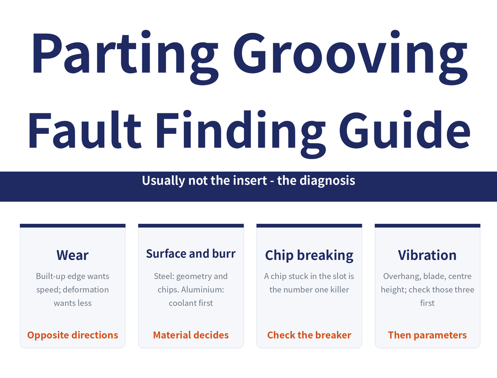 Quick-reference card on parting and grooving troubleshooting. Title: Parting Grooving Fault Finding Guide. Banner: Usually not the insert - the diagnosis. Four cards - Wear: Built-up edge wants speed; deformation wants less (opposite directions); Surface and burr: Steel: geometry and chips. Aluminium: coolant first (material decides); Chip breaking: A chip stuck in the slot is the number one killer (check the breaker); Vibration: Overhang, blade, centre height; check those three first (then parameters).