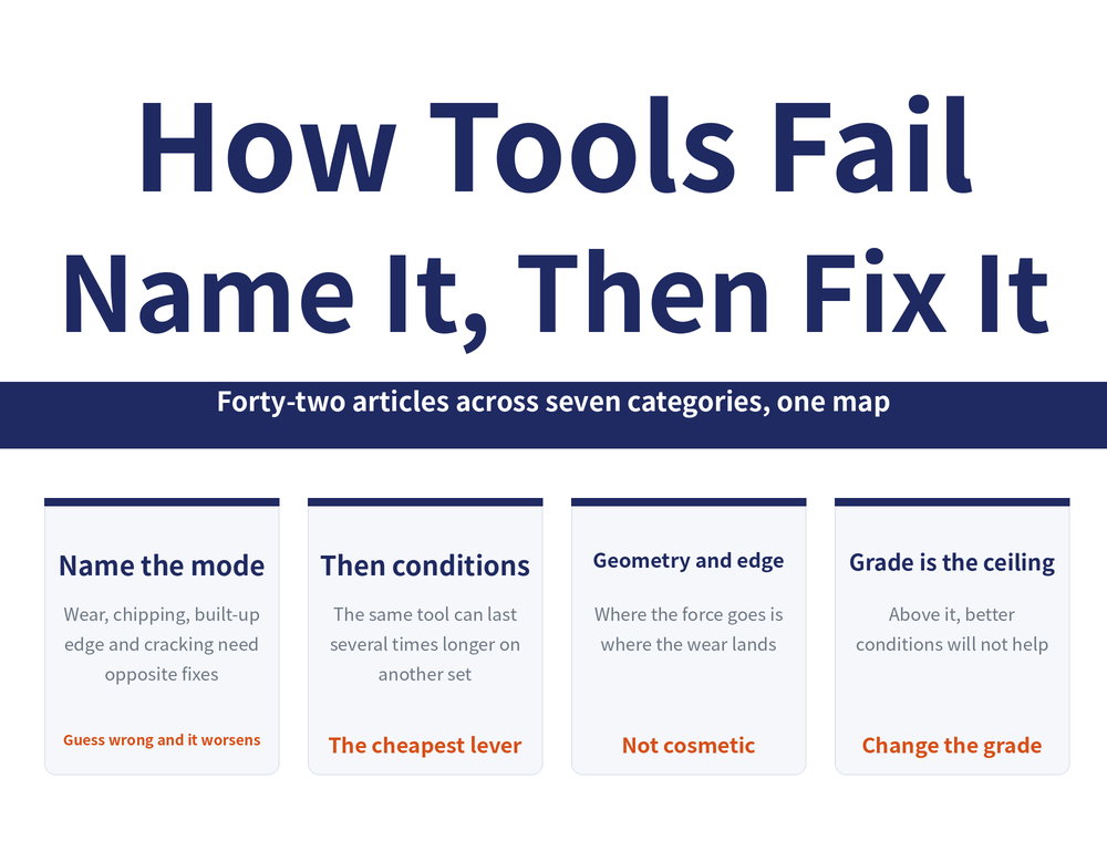 Reading-guide hero card for tool life and wear. Title: How Tools Fail - Name It, Then Fix It. Banner: forty-two articles across seven categories, one map. Four cards - Name the mode: wear, chipping, built-up edge and cracking need opposite fixes (guess wrong and it worsens); Then conditions: the same tool can last several times longer on another set (the cheapest lever); Geometry and edge: where the force goes is where the wear lands (not cosmetic); Grade is the ceiling: above it, better conditions will not help (change the grade).
