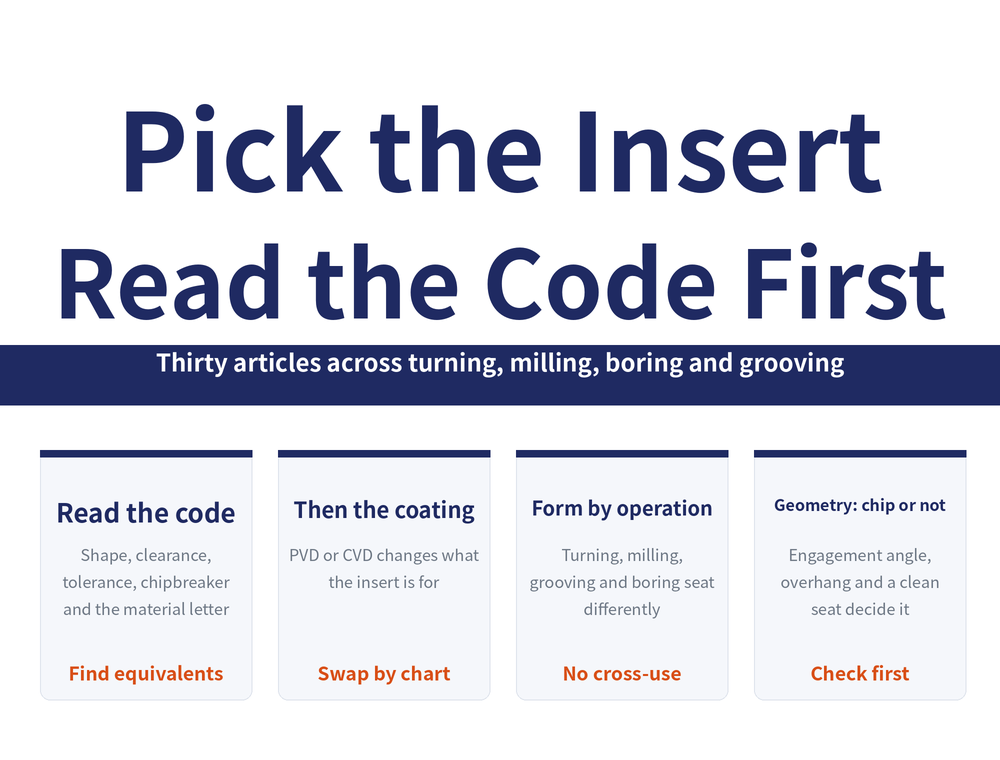 Insert Selection reading-guide hero image. Title: "Pick the Insert Read the Code First". Banner: "Thirty articles across turning, milling, boring and grooving". Four cards in order: Read the code (Shape, clearance, tolerance, chipbreaker and the material letter; Find equivalents); Then the coating (PVD or CVD changes what the insert is for; Swap by chart); Form by operation (Turning, milling, grooving and boring seat differently; No cross-use); Geometry: chip or not (Engagement angle, overhang and a clean seat decide it; Check first)" width="1000" height="760