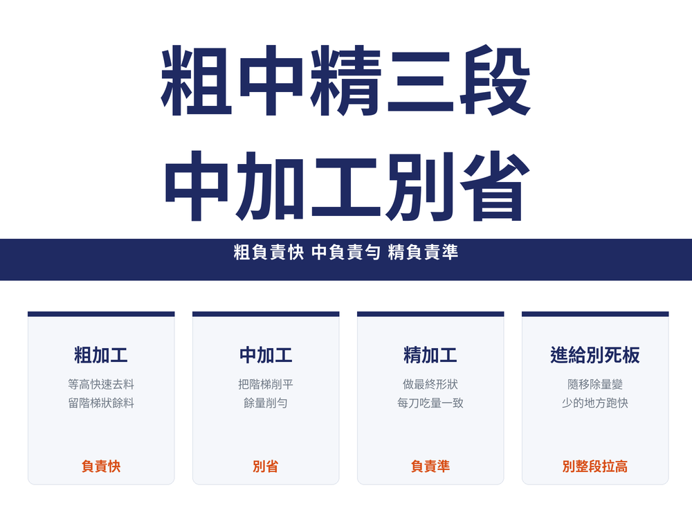 粗中精三段餘量導讀首圖:標題〈粗中精三段 中加工別省〉,導線〈粗負責快 中負責勻 精負責準〉;四張卡依序為——粗加工(等高快速去料 留階梯狀餘料,負責快)、中加工(把階梯削平 餘量削勻,別省)、精加工(做最終形狀 每刀吃量一致,負責準)、進給別死板(隨移除量變 少的地方跑快,別整段拉高)