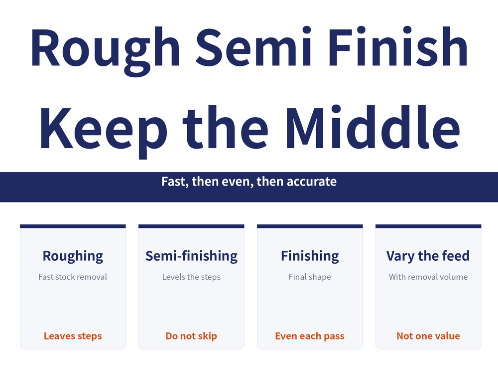 Roughing to Finishing Stock reading-guide hero image. Title: "Rough Semi Finish Keep the Middle". Banner: "Fast, then even, then accurate". Four cards in order: Roughing (Fast stock removal; Leaves steps); Semi-finishing (Levels the steps; Do not skip); Finishing (Final shape; Even each pass); Vary the feed (With removal volume; Not one value)" width="1000" height="760