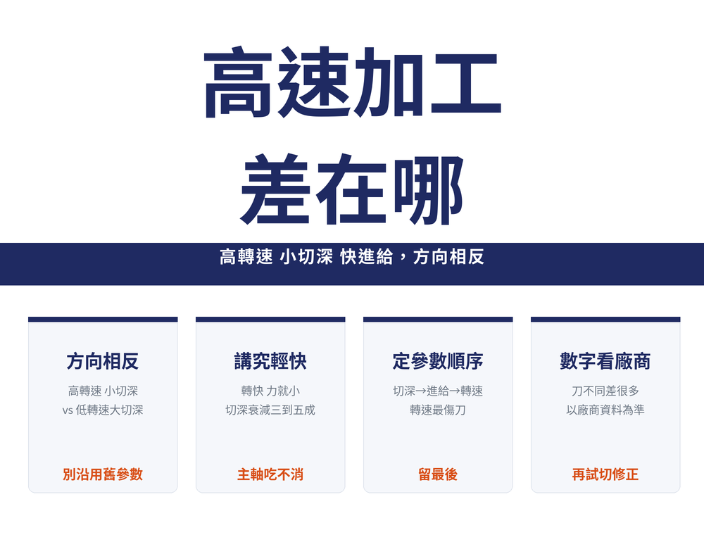 高速加工差在哪導讀首圖:標題〈高速加工 差在哪〉,導線〈高轉速 小切深 快進給，方向相反〉;四張卡依序為——方向相反(高轉速 小切深 vs 低轉速大切深,別沿用舊參數)、講究輕快(轉快 力就小 切深衰減三到五成,主軸吃不消)、定參數順序(切深→進給→轉速 轉速最傷刀,留最後)、數字看廠商(刀不同差很多 以廠商資料為準,再試切修正)