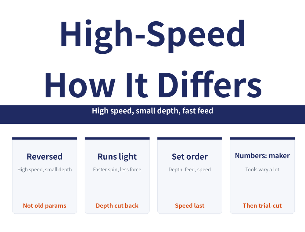 How High-Speed Differs reading-guide hero image. Title: "High-Speed How It Differs". Banner: "High speed, small depth, fast feed". Four cards in order: Reversed (High speed, small depth; Not old params); Runs light (Faster spin, less force; Depth cut back); Set order (Depth, feed, speed; Speed last); Numbers: maker (Tools vary a lot; Then trial-cut)" width="1000" height="760