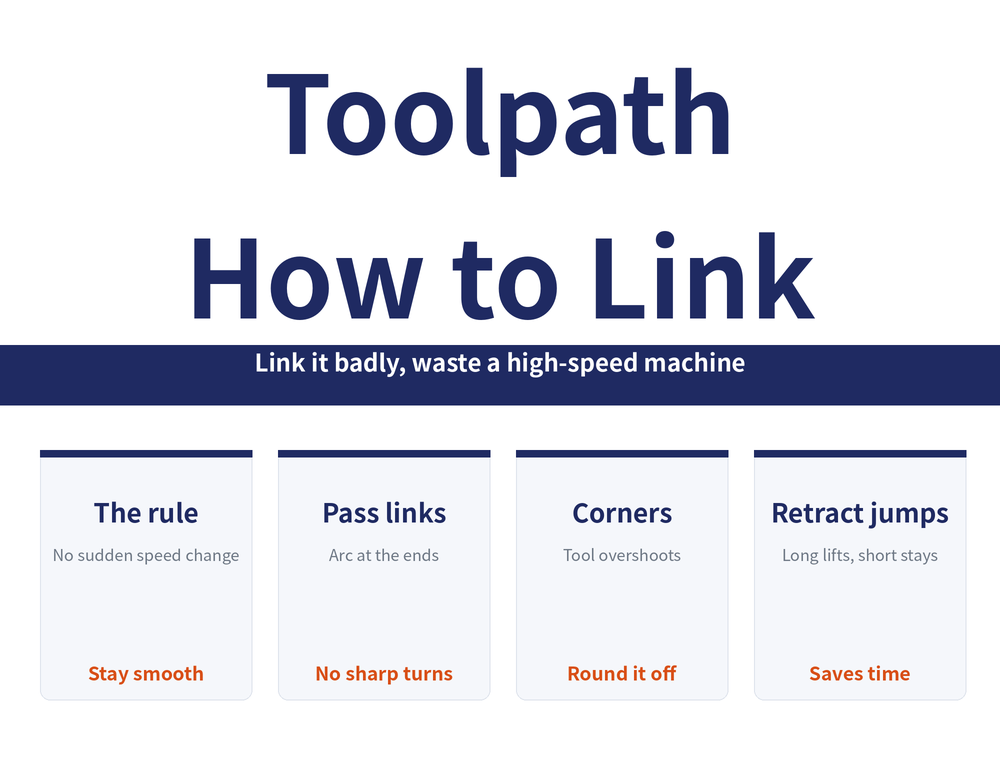 Linking the Toolpath reading-guide hero image. Title: "Toolpath How to Link". Banner: "Link it badly, waste a high-speed machine". Four cards in order: The rule (No sudden speed change; Stay smooth); Pass links (Arc at the ends; No sharp turns); Corners (Tool overshoots; Round it off); Retract jumps (Long lifts, short stays; Saves time)" width="1000" height="760