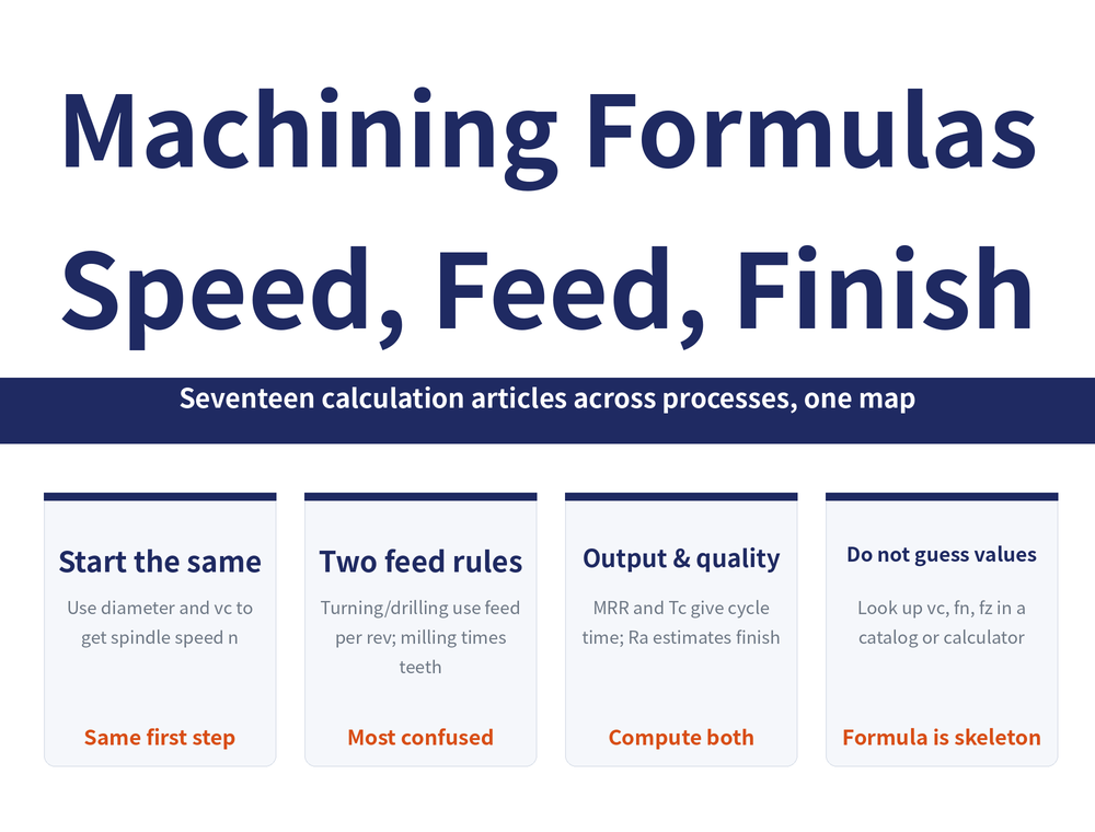 Machining calculation guide hero: title 'Machining Formulas — Speed, Feed, Finish', banner 'Seventeen calculation articles across processes, one map'; four cards—Start the same (use diameter and vc to get spindle speed n; same first step), Two feed rules (turning and drilling use feed per rev, milling multiplies by teeth; most confused), Output and quality (MRR and Tc give cycle time, Ra estimates finish; compute both), Do not guess values (look up vc, fn, fz in a catalog or calculator; formula is skeleton)