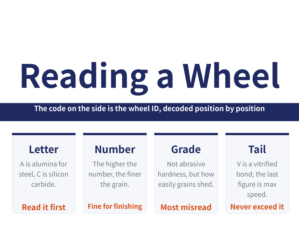 Grinding wheel marking guide hero: title 'Reading a Wheel — What A60L5V Means', banner 'The code on the side is the wheel ID, decoded position by position'; four cards—Letter is the abrasive (A alumina for steel, C silicon carbide for hard-brittle), Number is grit (higher number, finer grain, fine for finishing), Grade misread (L M K is not abrasive hardness but how easily grains shed), Tail is speed (V vitrified bond, last number is max speed)