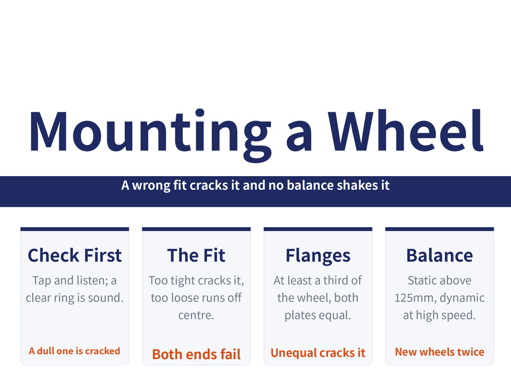 Wheel mounting and balancing hero: title 'Mounting a Wheel and Balancing It', banner 'Wrong fit cracks it, no balance shakes it, both covered here'; four cards—Check first (tap and listen, a clear ring is sound, a dull one means cracked), Right fit gap (too tight cracks, too loose runs off-center, both fail), Flange rule (not under one third of OD and both plates equal, unequal cracks it), Balance limits (over 125mm static, high speed dynamic, new wheel twice)