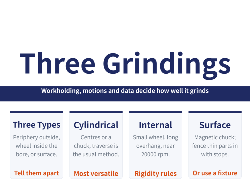 Three grinding methods hero: title 'Three Grinding Methods', banner 'Workholding, motions and data decide how well it grinds'; four cards--Three types (periphery outside, wheel inside the bore, surface both ways; tell them apart), Cylindrical (centres or a chuck, traverse is the usual method; most versatile), Internal (small wheel, long overhang, spindle near 20000 rpm; rigidity rules), Surface (magnetic chuck, fence thin parts in with stops; use a fixture)