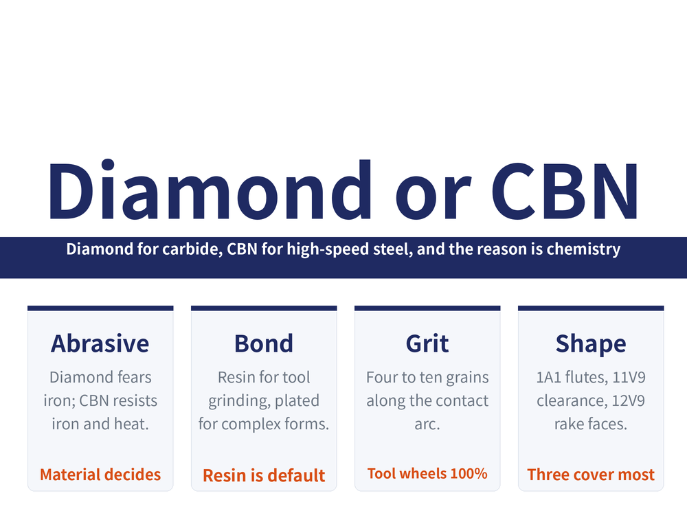 Superabrasive wheel hero: title 'Diamond or CBN / Wheel Selection', banner 'Diamond for carbide, CBN for high-speed steel, and the reason is chemistry'; four cards--Abrasive (diamond fears iron, CBN resists iron and heat; material decides), Bond (resin for tool grinding, plated for complex forms; resin is default), Grit and grade (four to ten grains along the contact arc; tool wheels 100%), Shape (1A1 flutes, 11V9 clearance, 12V9 rake faces; three cover most)
