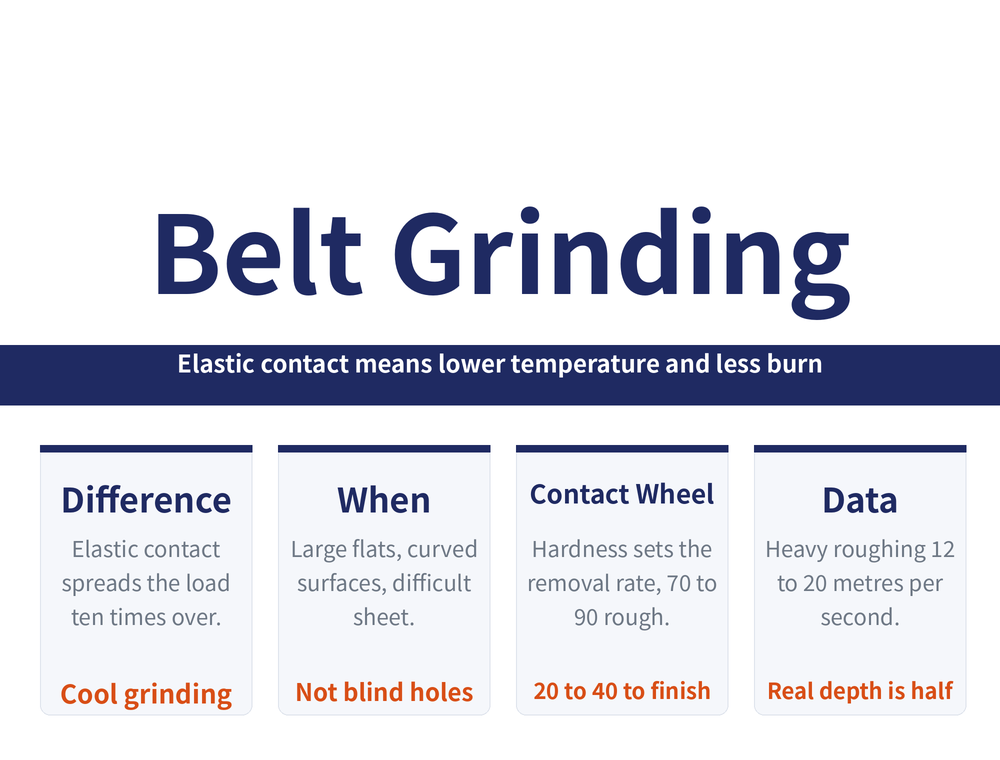 Belt grinding hero: title 'Belt Grinding / Elastic Contact', banner 'Elastic contact means lower temperature and less burn'; four cards--The difference (elastic contact spreads the load, ten times the chip space; cool grinding), When to use it (large flats, curved surfaces, difficult sheet; not blind holes), Contact wheel (hardness sets the removal rate, 70 to 90 rough; 20 to 40 to finish), Data (heavy roughing 12 to 20 metres per second; real depth is half)