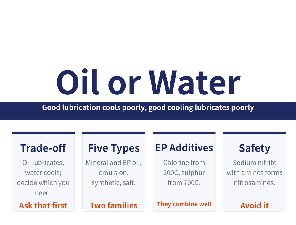 Grinding fluid hero: title 'Choosing a Fluid / Oil or Water Based', banner 'Good lubrication cools poorly, good cooling lubricates poorly'; four cards--The trade-off (oil lubricates, water cools, decide which you need; ask that first), Five types (mineral and EP oil, emulsion, synthetic, salt; two families), EP additives (chlorine from 200C, sulphur from 700C; combine them), Safety (sodium nitrite with amines forms nitrosamines; avoid it)