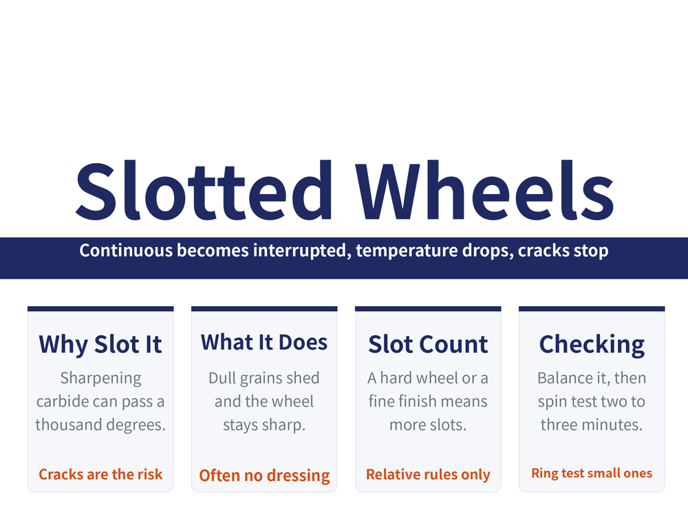 Slotted wheel interrupted grinding hero: title 'Slotting a Wheel, Why Interrupted Grinding Does Not Crack', banner 'Continuous becomes interrupted, temperature drops, cracks stop'; four cards—Why slot it (sharpening carbide can pass a thousand degrees, brittle and low conductivity, cracks and networks are the risk), What slotting does (dull grains shed on their own, the wheel stays sharp, often no dressing during grinding), Setting slot count (hard wheel, large contact area or a fine finish means more slots; the guidance is relative only), Checking the wheel (balance it, spin test two to three minutes, small wheels can be ring tested)