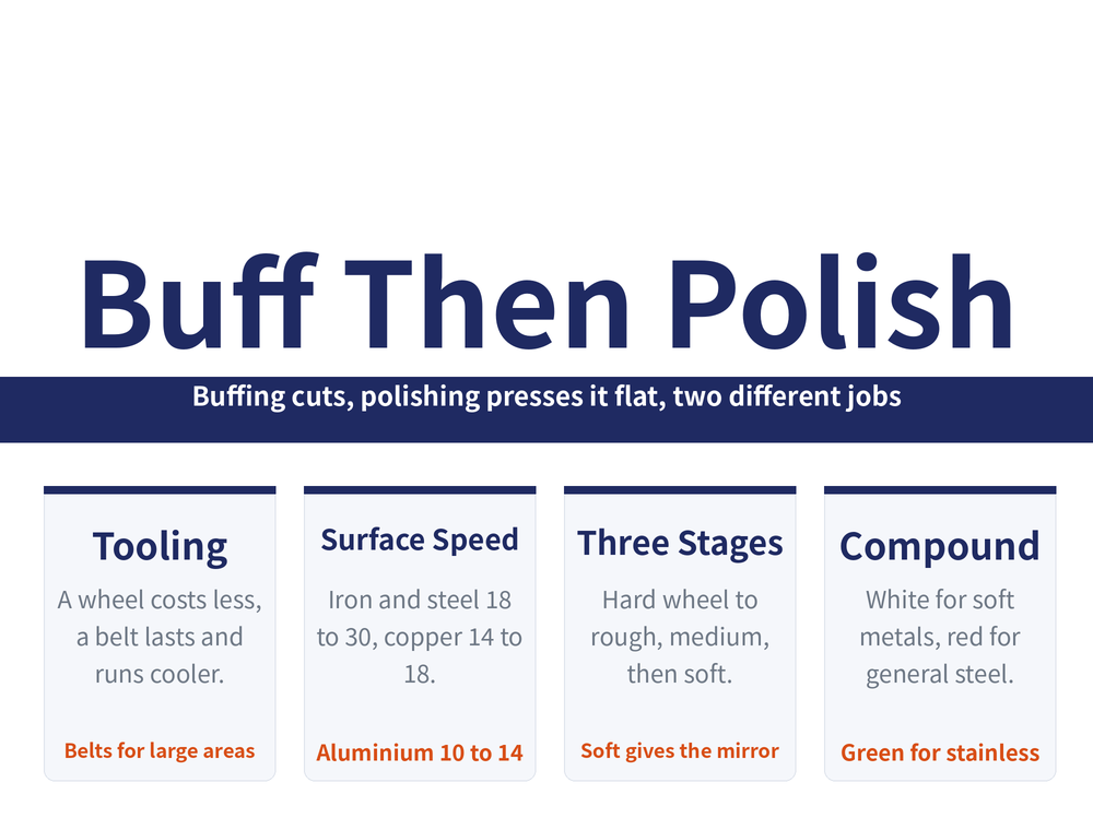 Buffing and polishing selection hero: title 'Buff It, Then Polish It, Wheel Speed Compound', banner 'Grinding cuts, polishing presses flat, two different jobs'; four cards—Tooling (a buffing wheel costs less, a belt lasts longer and runs cooler, large areas take the belt), Surface speed (cast iron and steel eighteen to thirty, copper and silver fourteen to eighteen, aluminium lead tin ten to fourteen), Three stages (hard wheel to rough, medium next, soft wheel for the mirror), Compound in three (white for soft metals, red for general steel, green for stainless and hard steel)