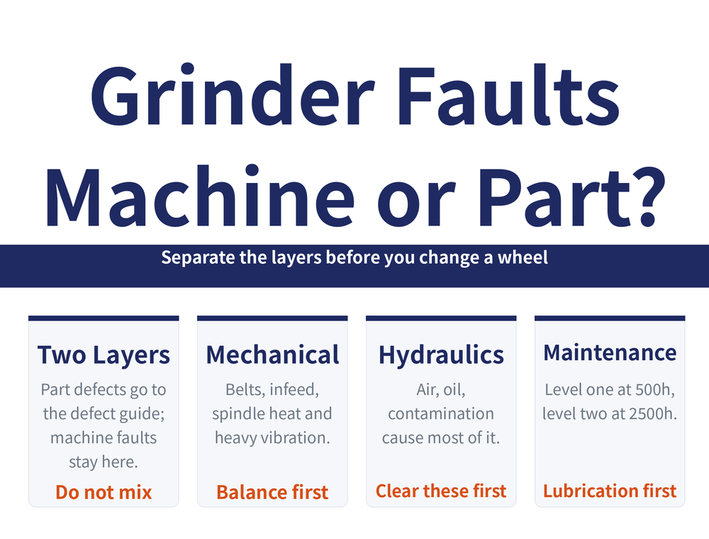 Grinding machine troubleshooting hero card: title 'What broke on the grinder / mechanical, hydraulic, maintenance', ribbon 'First separate the layers: bad workpiece or broken machine'; four cards — Two layers (workpiece defects go to the defect guide / machine faults stay here / do not mix them), Mechanical four (belt slip / infeed inaccuracy / spindle overheating / heavy vibration), Hydraulic three root causes (air, oil, contamination / clear these before opening a valve), Maintenance two levels (level one at 500 hours / level two at 2500 hours / poor lubrication is the leading cause)