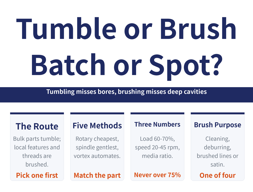 Barrel finishing and brushing selection hero card: title 'Tumble or brush / whole batch or one at a time', ribbon 'Tumbling never reaches a bore, brushing never reaches a deep cavity'; four cards — Pick the route (bulk small parts go tumbling / local features and internal threads go brushing / the two can run in sequence), Five tumbling methods (rotary is cheapest / vibratory automates easily / centrifugal and vortex are fast / spindle leaves no part-on-part damage), Three tumbling parameters (load 60 to 70 percent / speed 20 to 45 rpm / media-to-part volume ratio is calculated), Brushing starts with purpose (cleaning / deburring / brushed lines / satin — choose one of four)